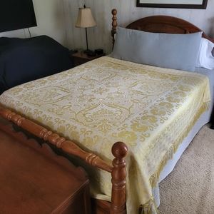 👑 VTG Italian Handwoven Brocade Damask Jacquard White Gold Coverlet Bedspread